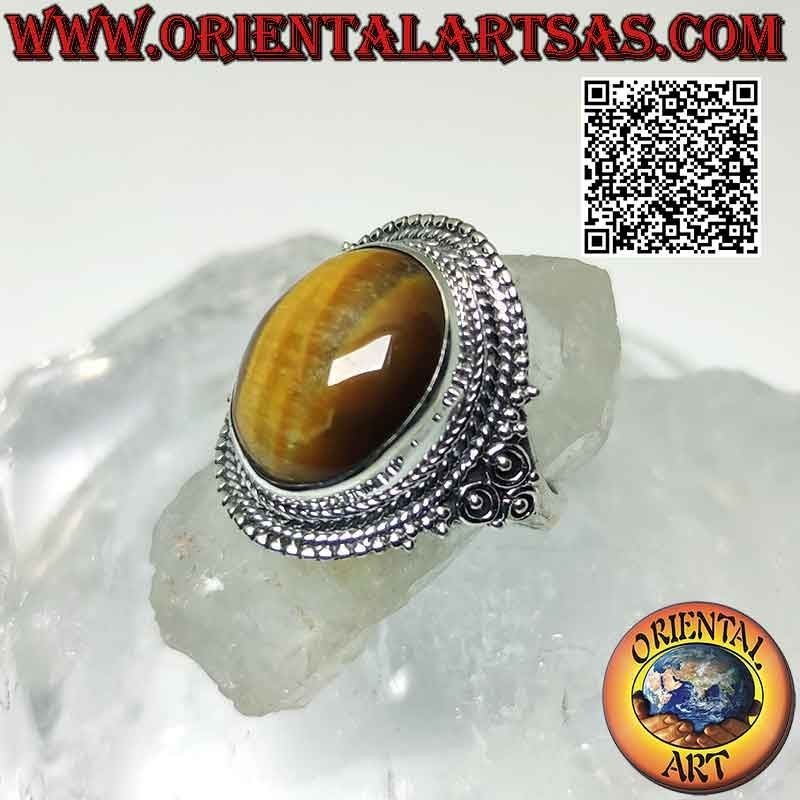 Silver ring with large tiger eye and microspheres decoration