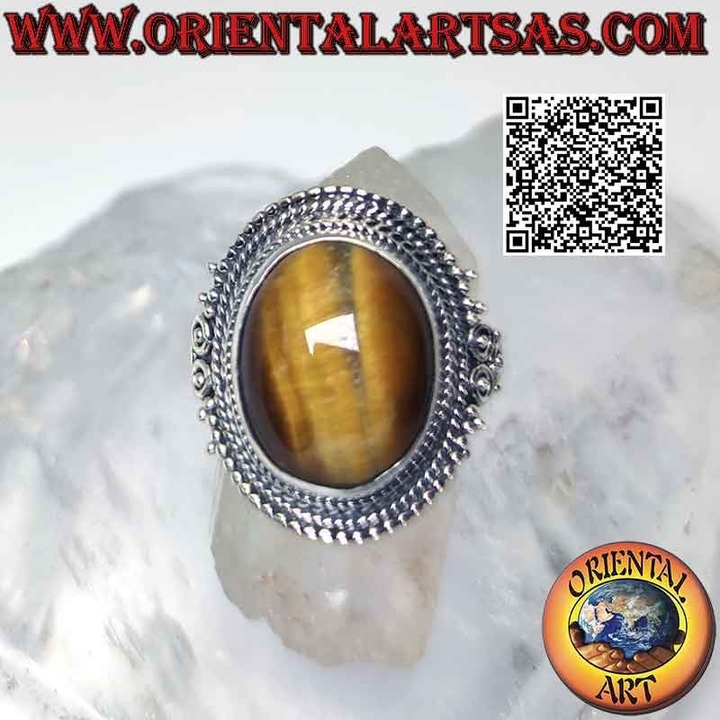 Bague en argent avec gros oeil de tigre et décor de microsphères