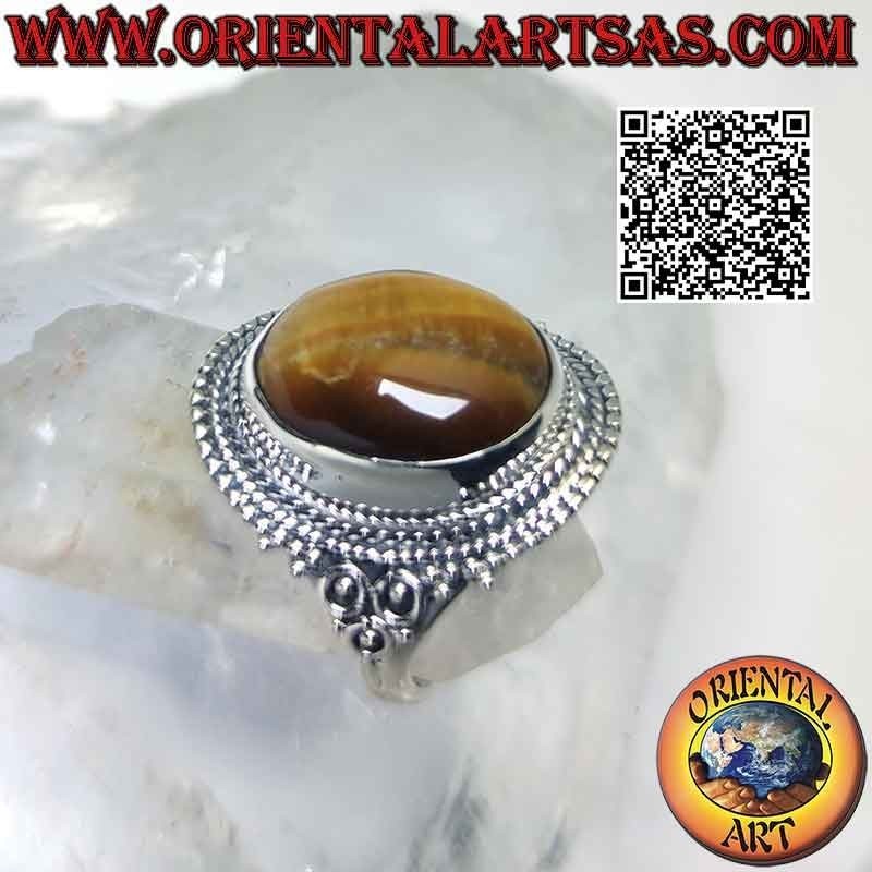 Bague en argent avec gros oeil de tigre et décor de microsphères