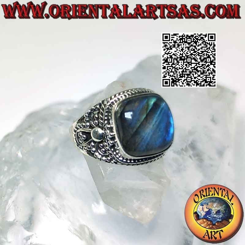 Silver ring with large square beveled labradorite and microspheres