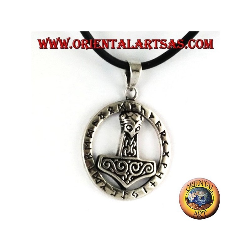 silver pendant, hammer of Thor in runic circle