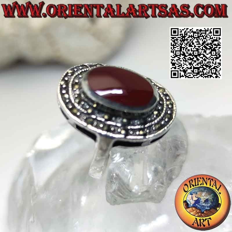Silver ring with oval carnelian and double row of marcasite