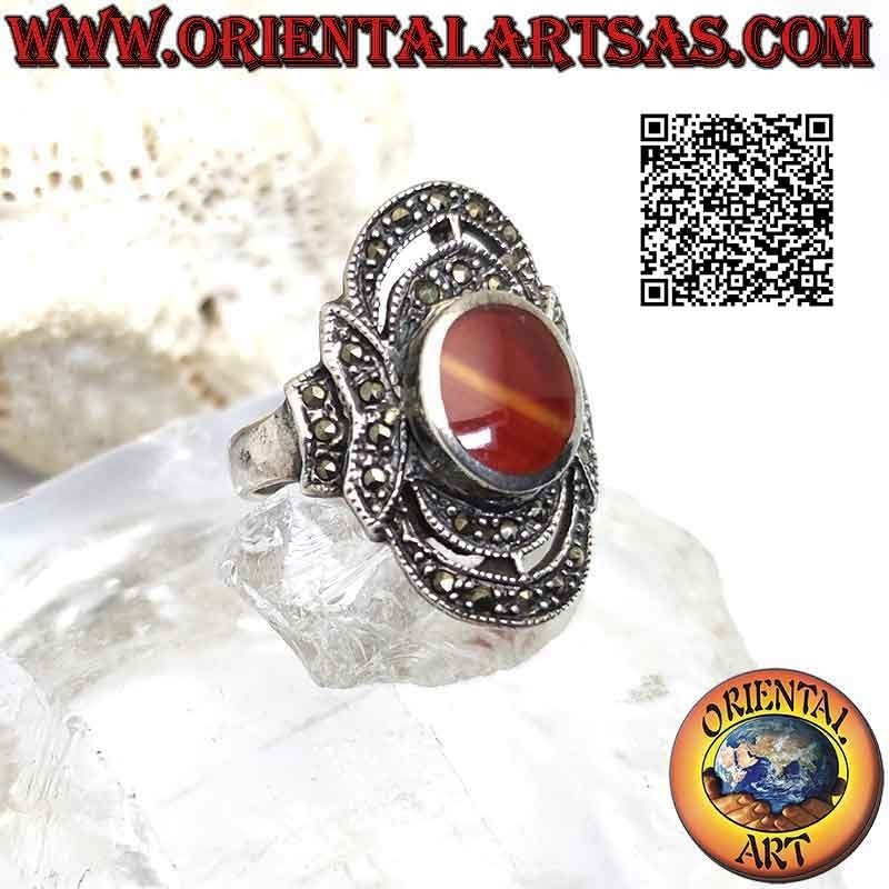 Silver ring with oval carnelian and two double waves of marcasite