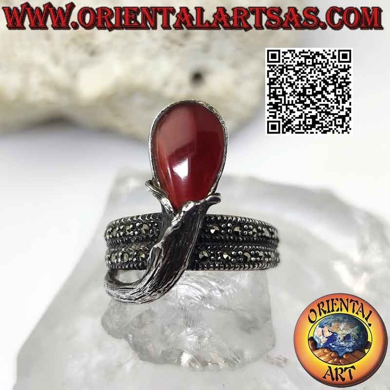 Anillo plata doble vuelta y cornalina gota invertida