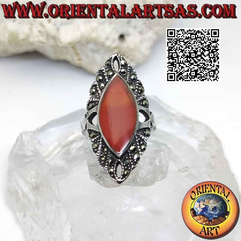 Silver ring with marcasite shuttle carnelian and cardinal holes