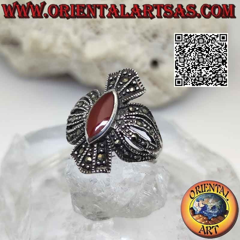 Silver ring rounded cross of marcasites with shuttle carnelian
