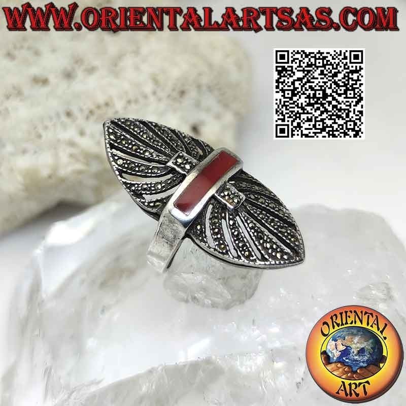 Silver shuttle ring studded with marcasite and central band of carnelian