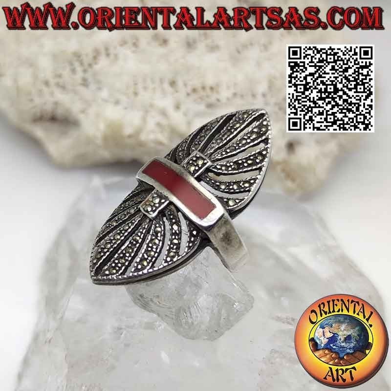 Silver shuttle ring studded with marcasite and central band of carnelian
