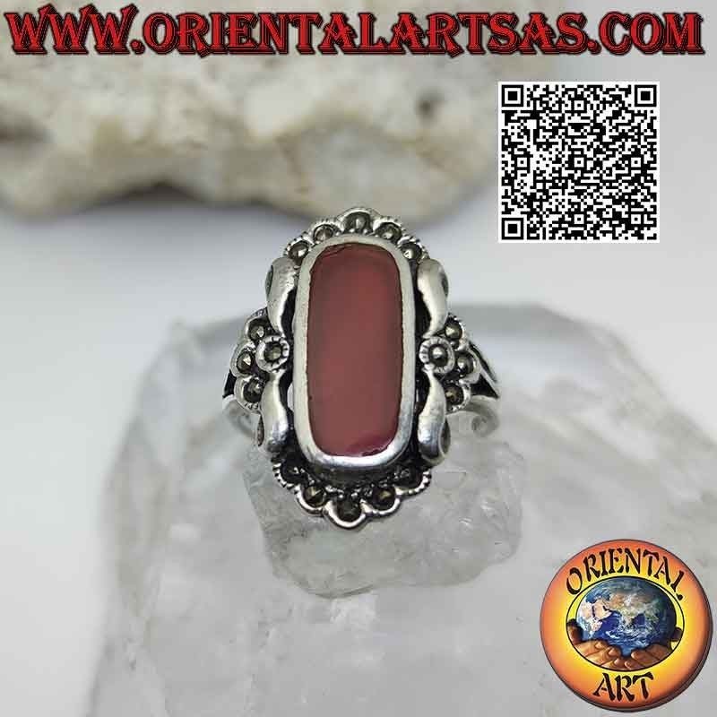 Carnelian silver ring on elegant setting with marcasite
