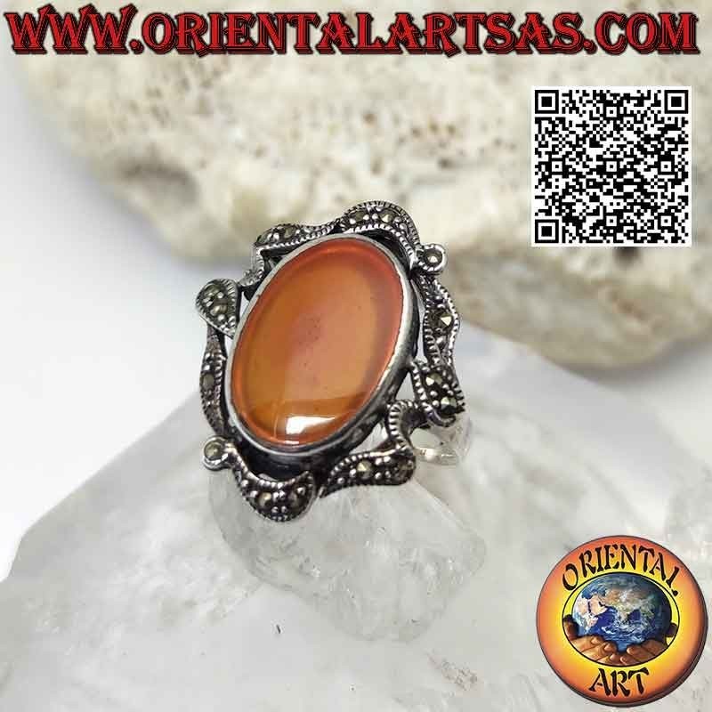 Silver ring with oval carnelian and abstract lines of marcasite