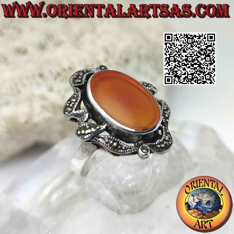 Silver ring with oval carnelian and abstract lines of marcasite