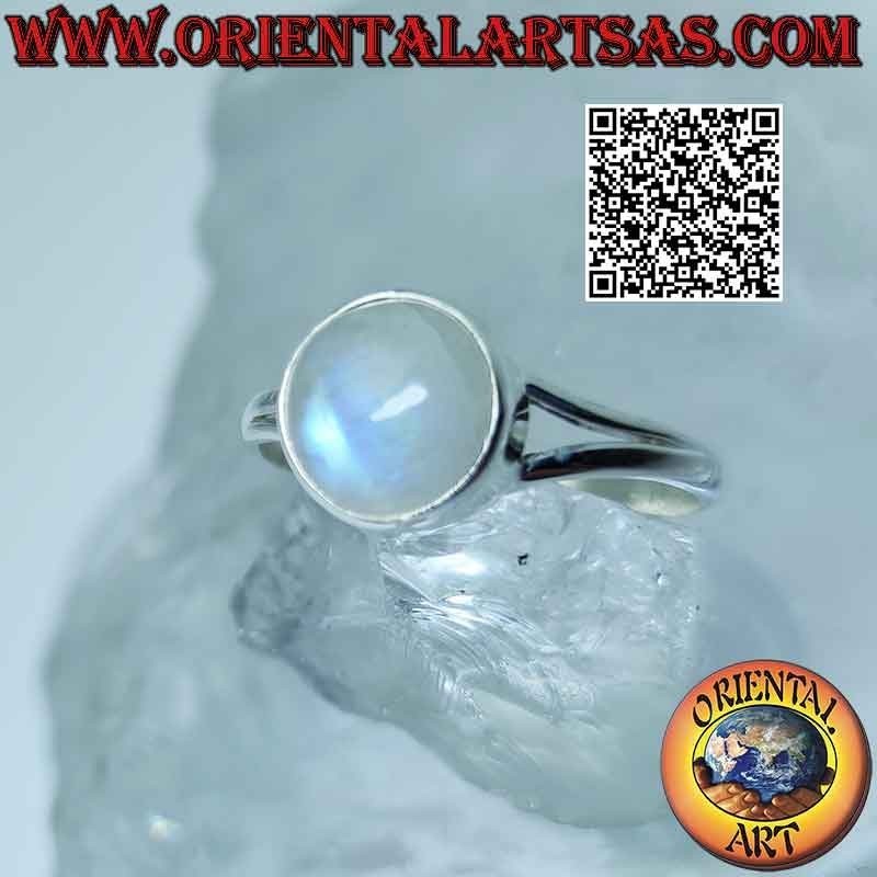 Anillo de plata con piedra lunar arcoíris redonda