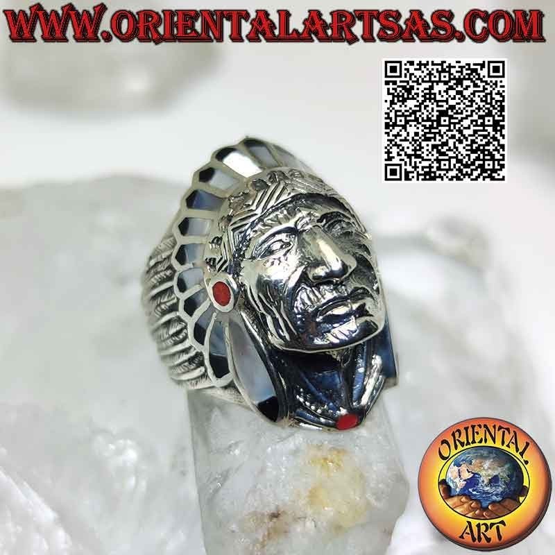 Anello in argento, Indiano nativo d'America con copricapo madreperla