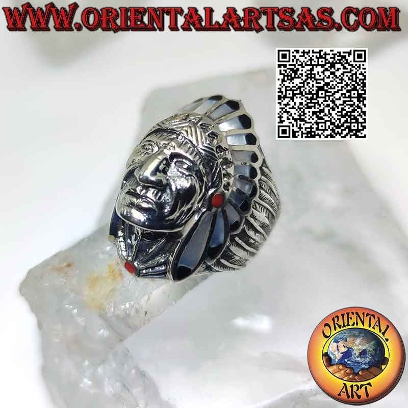 Silver ring, Native American Indian with mother of pearl headdress