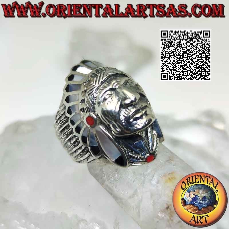 Anello in argento, Indiano nativo d'America con copricapo madreperla