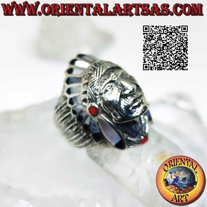 Silver ring, Native American Indian with mother of pearl headdress