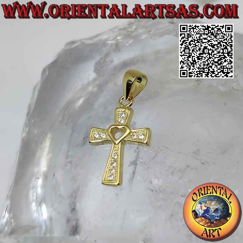 Silver pendant, Christian cross with heart in the center (gold plated)