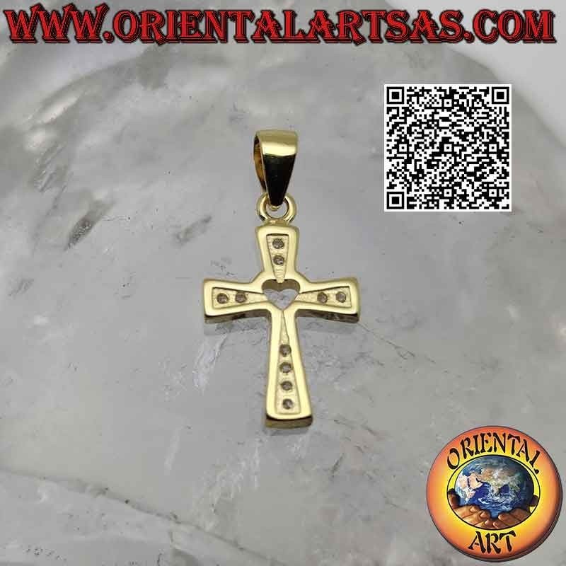 Ciondolo in argento, croce cristiana con cuore al centro (placcata oro)