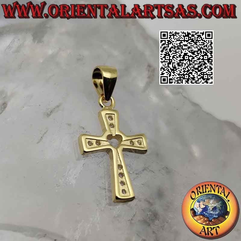 Colgante de plata, cruz cristiana con corazón en el centro (chapado en oro)