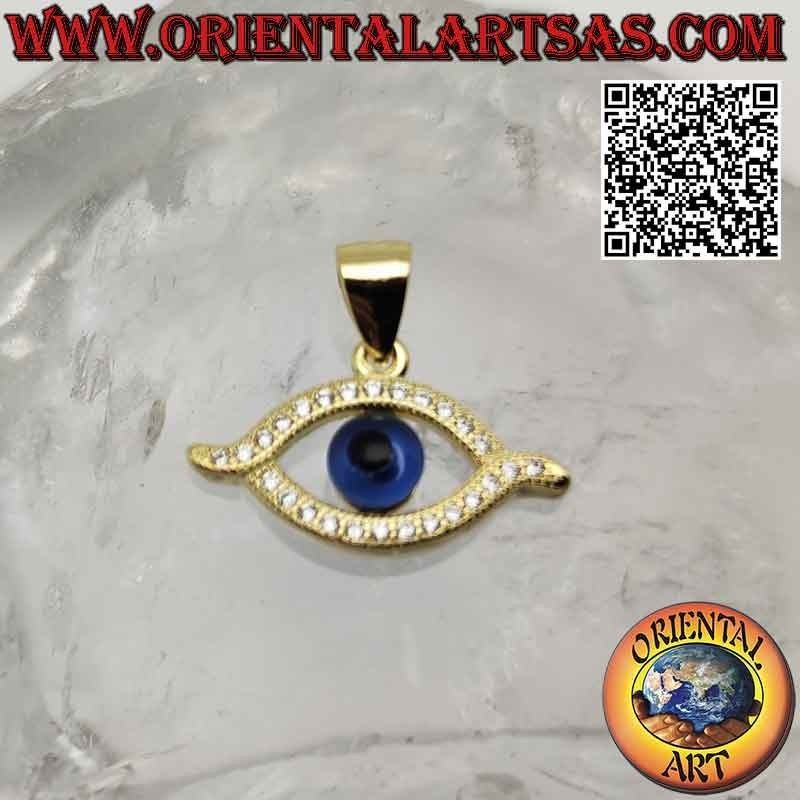 Ciondolo in argento placcato in oro, occhio di Allah con zirconi intorno