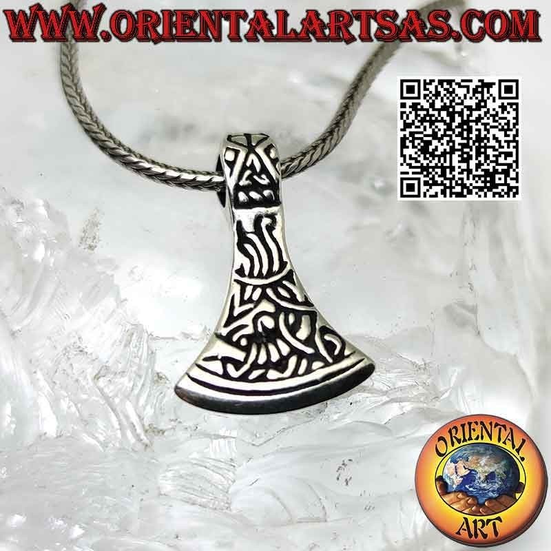 Norse ax blade silver pendant with Celtic engravings
