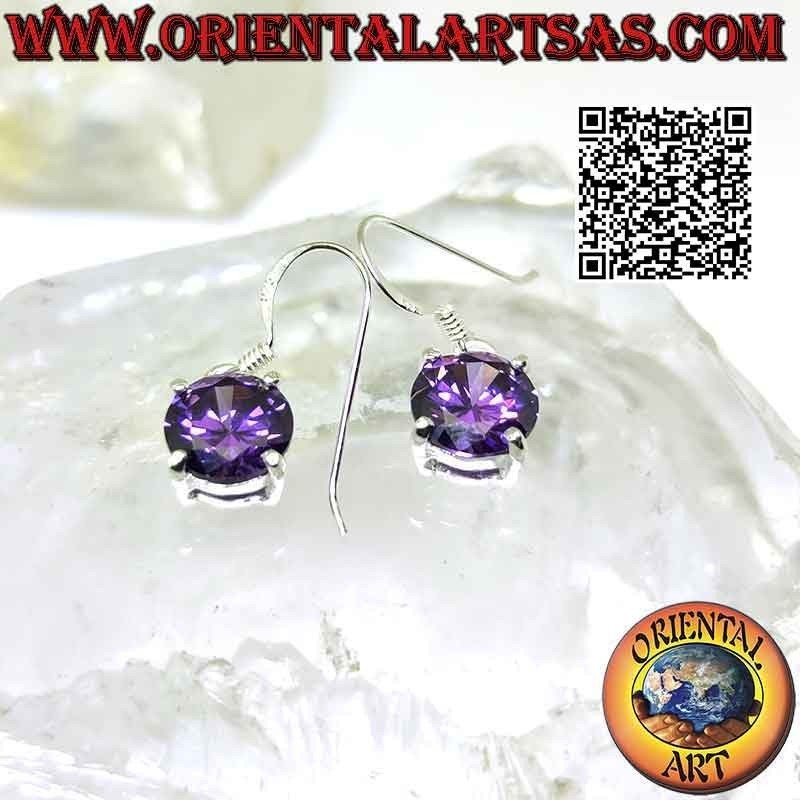 Boucles d'oreilles en argent avec améthyste ronde sur un double cadre lisse