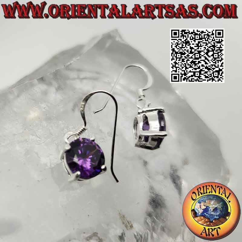 Boucles d'oreilles en argent avec améthyste ronde sur un double cadre lisse