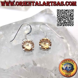 Silver earrings with round faceted champagne zircon set in a smooth double frame