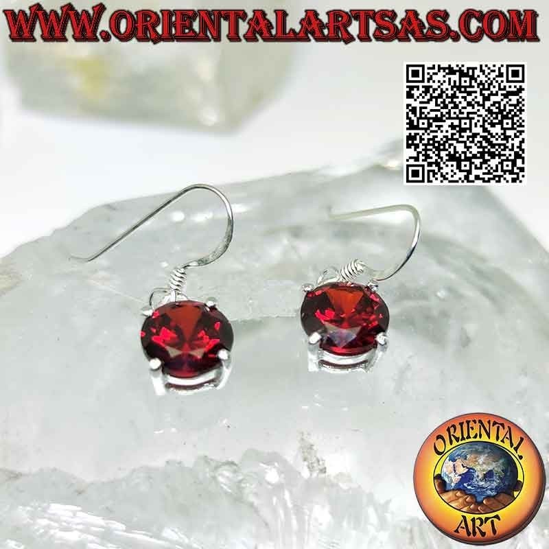 Silver earrings with round garnet on a smooth double frame