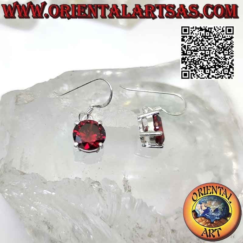 Silver earrings with round garnet on a smooth double frame