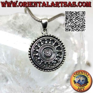 Silver pendant, solar Tibetan mandala with central spiral