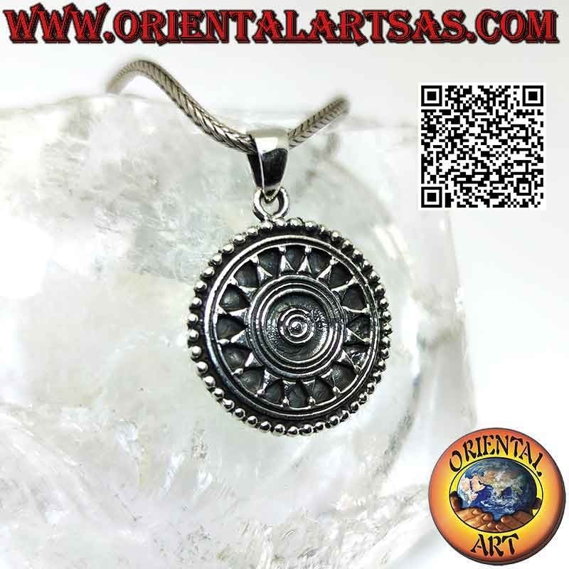 Silver pendant, solar Tibetan mandala with central spiral
