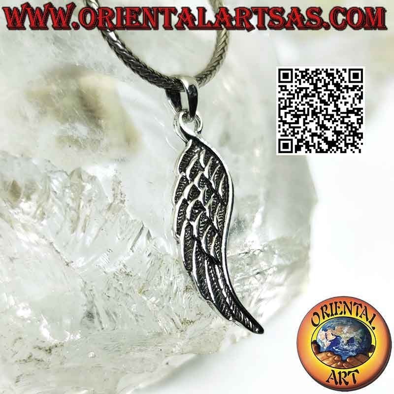 Silver pendant, double-sided angel wing with embossed feathers
