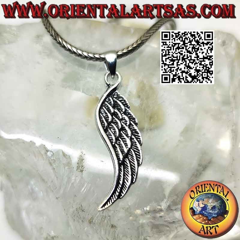Silver pendant, double-sided angel wing with embossed feathers