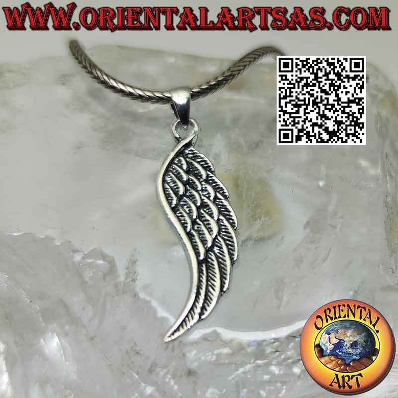 Silver pendant, double-sided angel wing with embossed feathers