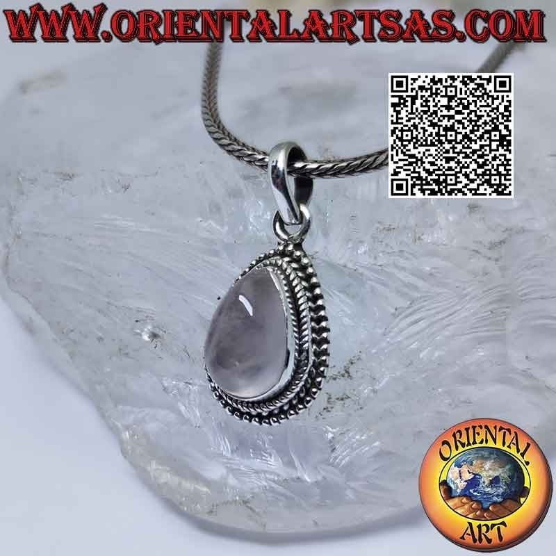 Colgante de plata con cuarzo rosa en forma de gota, entrelazados y microesferas