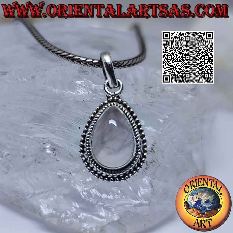 Silver pendant with drop-shaped rose quartz, intertwining and microspheres
