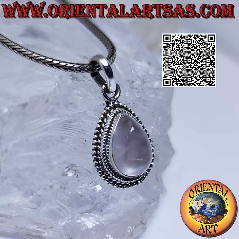 Pendentif en argent avec quartz rose en forme de goutte, entrelacs et microsphères