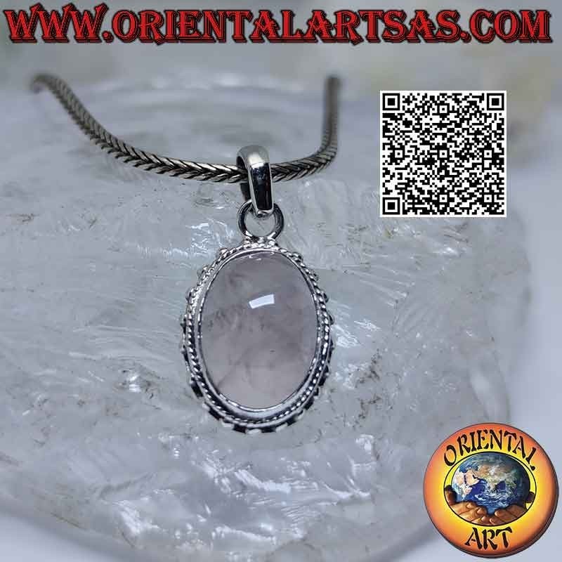 Pendentif en argent avec quartz rose ovale, boules entrelacées et espacées