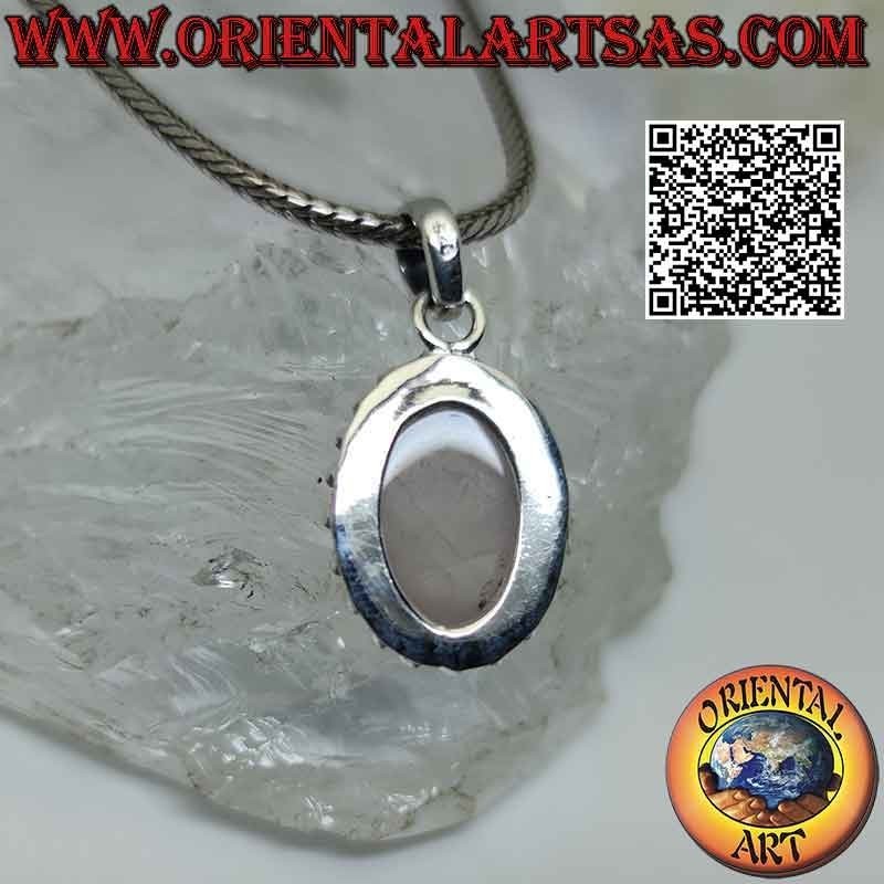 Silver pendant with oval rose quartz, intertwining and spaced balls