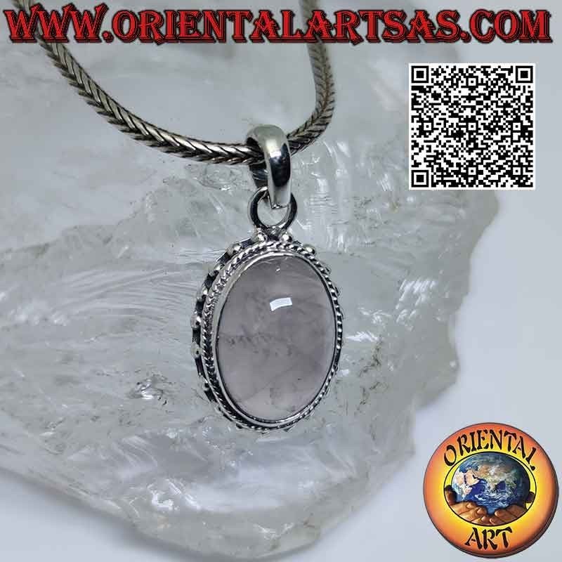 Silver pendant with oval rose quartz, intertwining and spaced balls