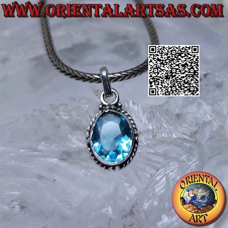 Colgante de plata con topacio oval facetado, tejido y bolitas