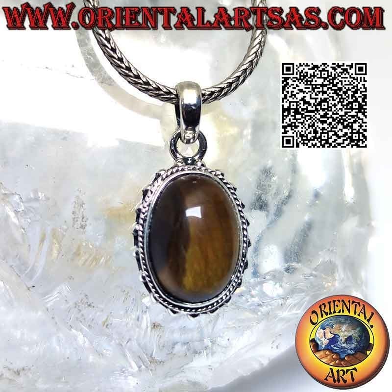 Silver pendant with cabochon oval tiger eye surrounded by intertwining and spaced balls