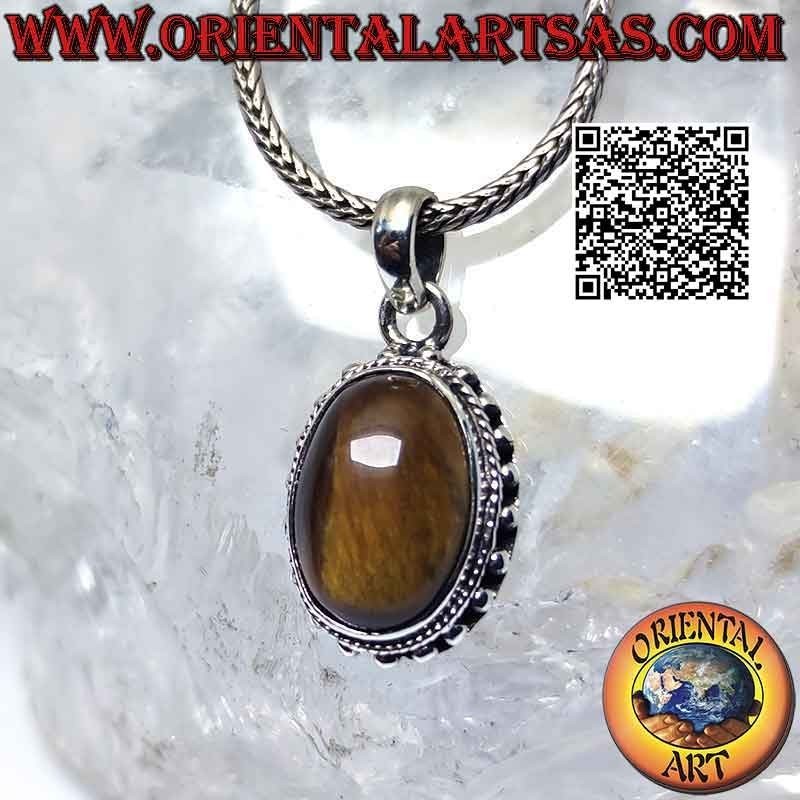 Colgante de plata con ojo de tigre ovalado y bolas espaciadas