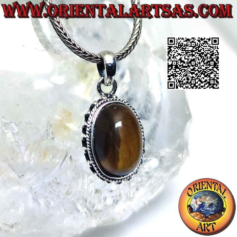 Silver pendant with oval tiger eye and spaced balls