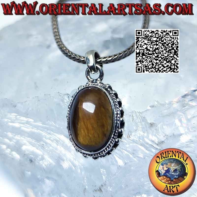 Silver pendant with oval tiger eye and spaced balls
