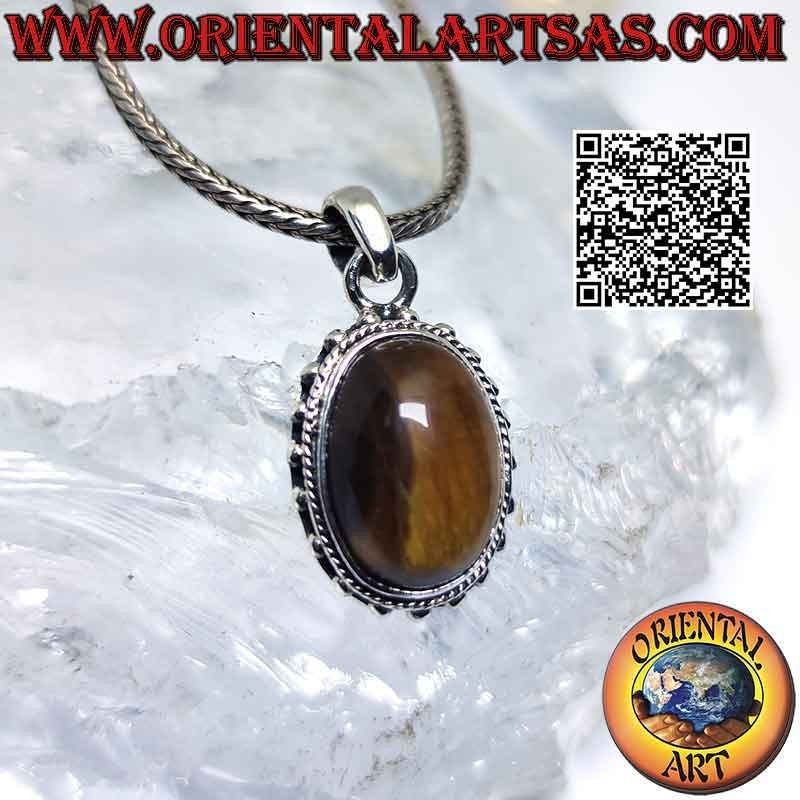 Silver pendant with oval tiger eye and spaced balls