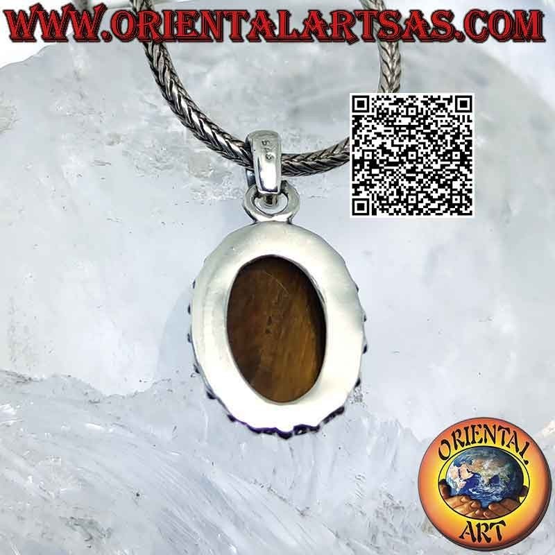 Silver pendant with oval tiger eye and spaced balls