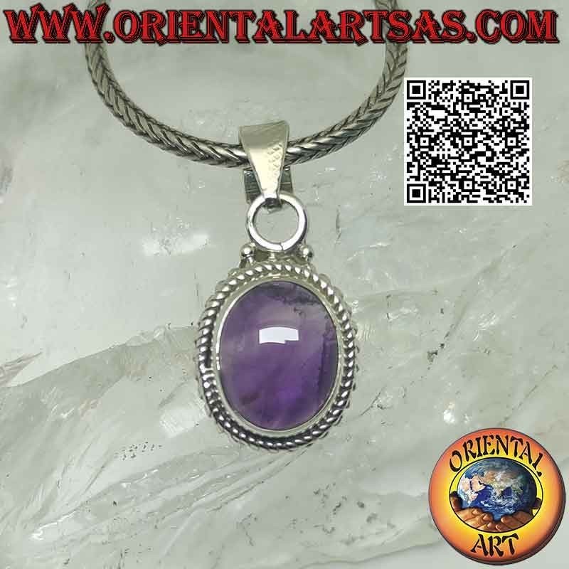 Silver pendant with cabochon oval amethyst, weave and balls