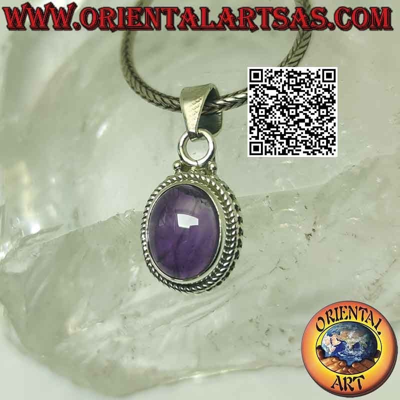 Colgante de plata con cabujón de amatista ovalada, tejido y bolitas